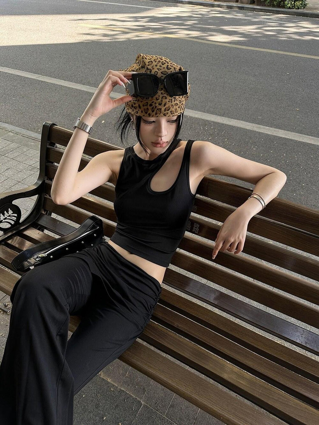 Fanptntox Black Cutout Racerback Slim Fit Street Style Women's Other Fabric Tank Tops