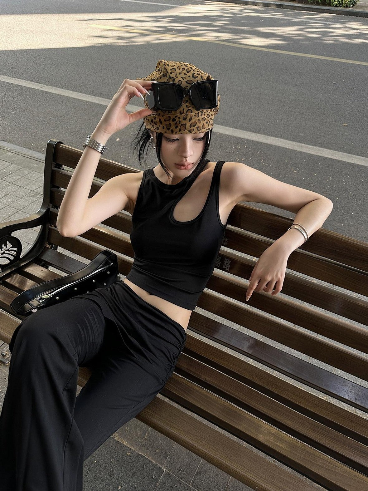 Fanptntox Black Cutout Racerback Slim Fit Street Style Women's Other Fabric Tank Tops