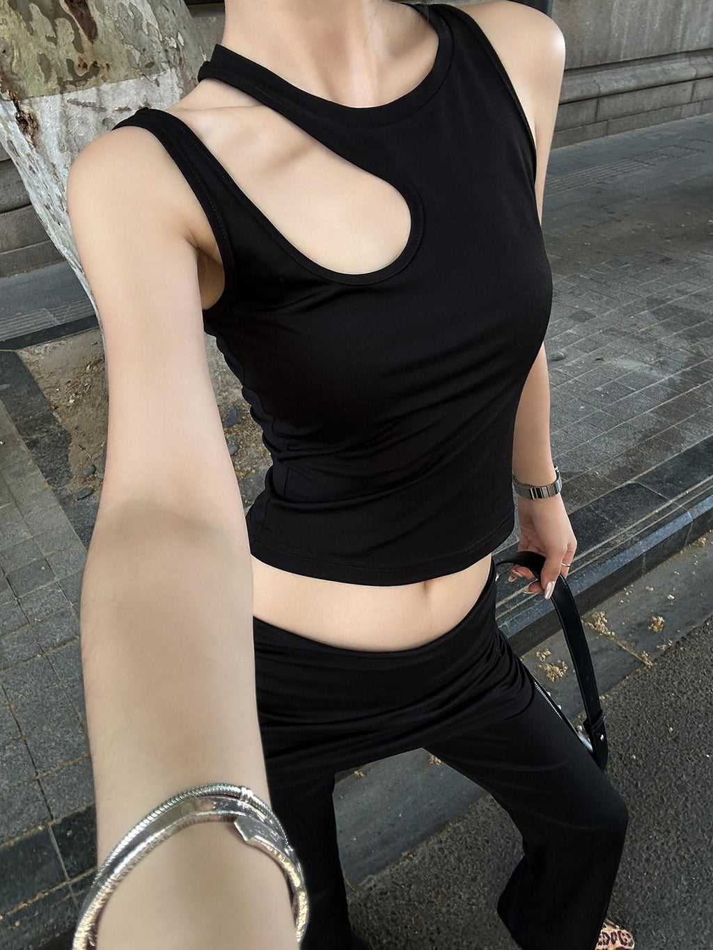 Fanptntox Black Cutout Racerback Slim Fit Street Style Women's Other Fabric Tank Tops