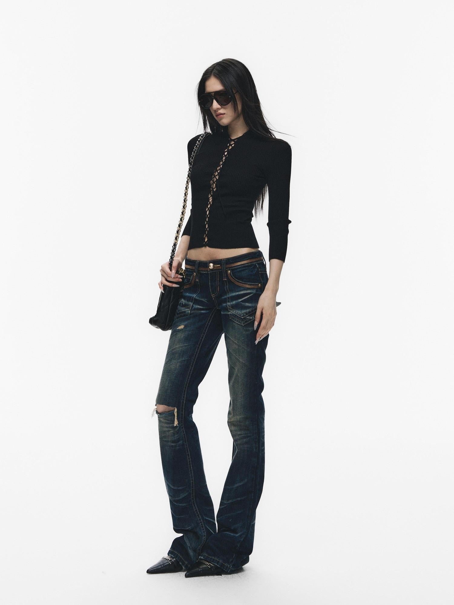 Fanptntox Black Cutout Tie Waist Ribbed Slim Women's Viscose Long Sleeve T-shirts