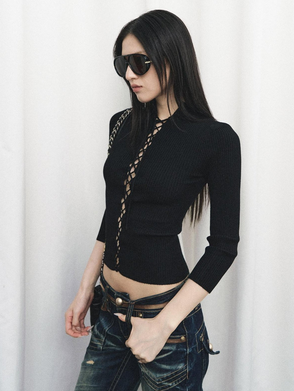 Fanptntox Black Cutout Tie Waist Ribbed Slim Women's Viscose Long Sleeve T-shirts
