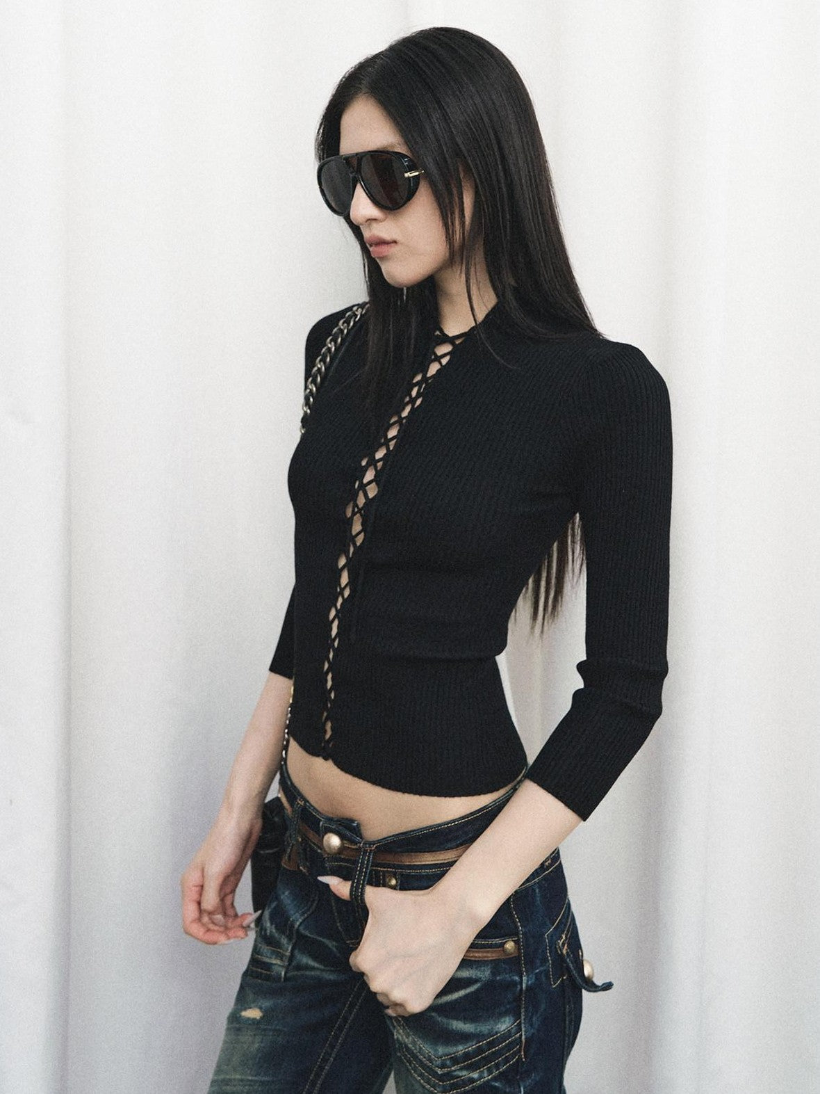 Fanptntox Black Cutout Tie Waist Ribbed Slim Women's Viscose Long Sleeve T-shirts