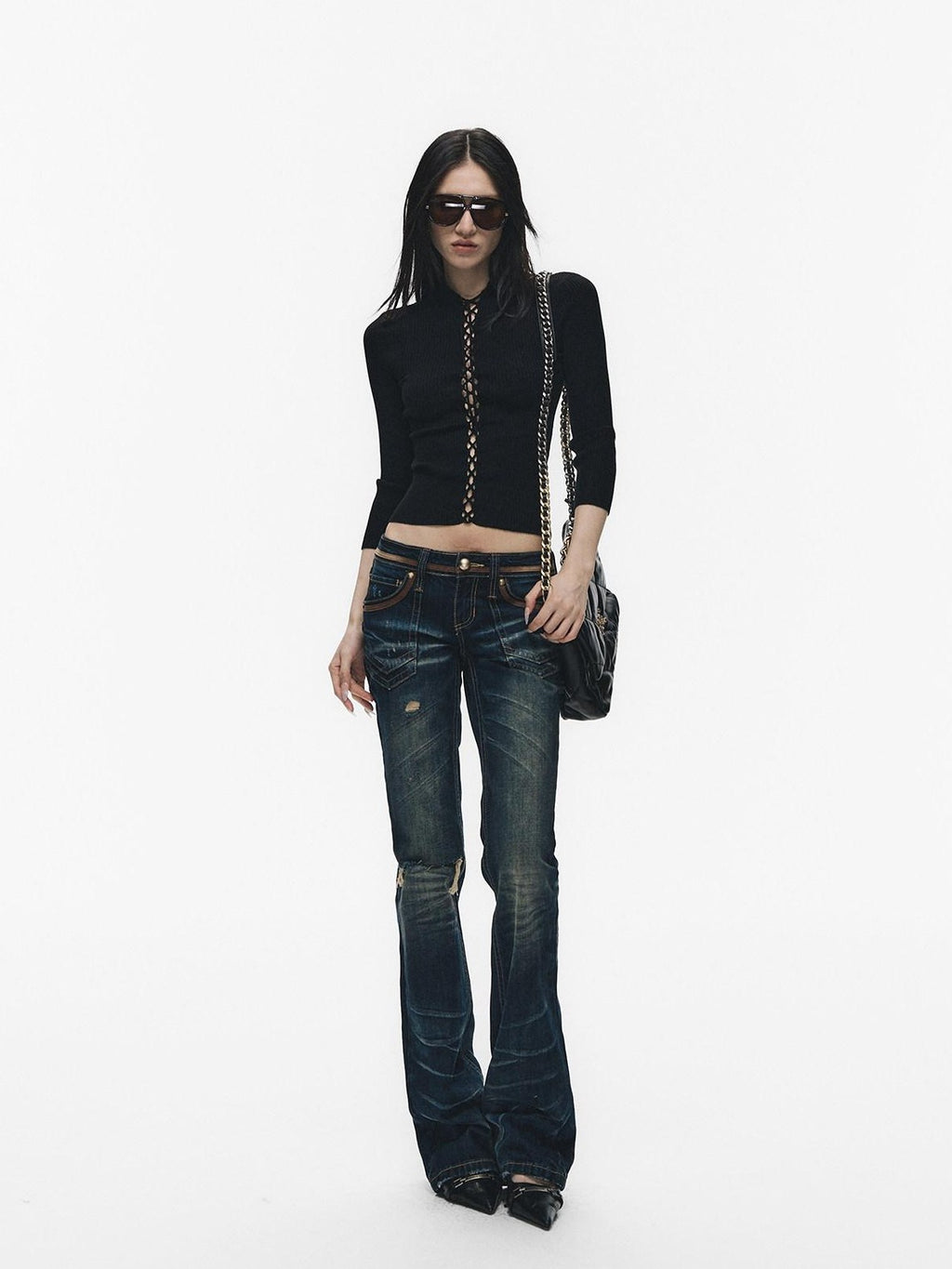 Fanptntox Black Cutout Tie Waist Ribbed Slim Women's Viscose Long Sleeve T-shirts