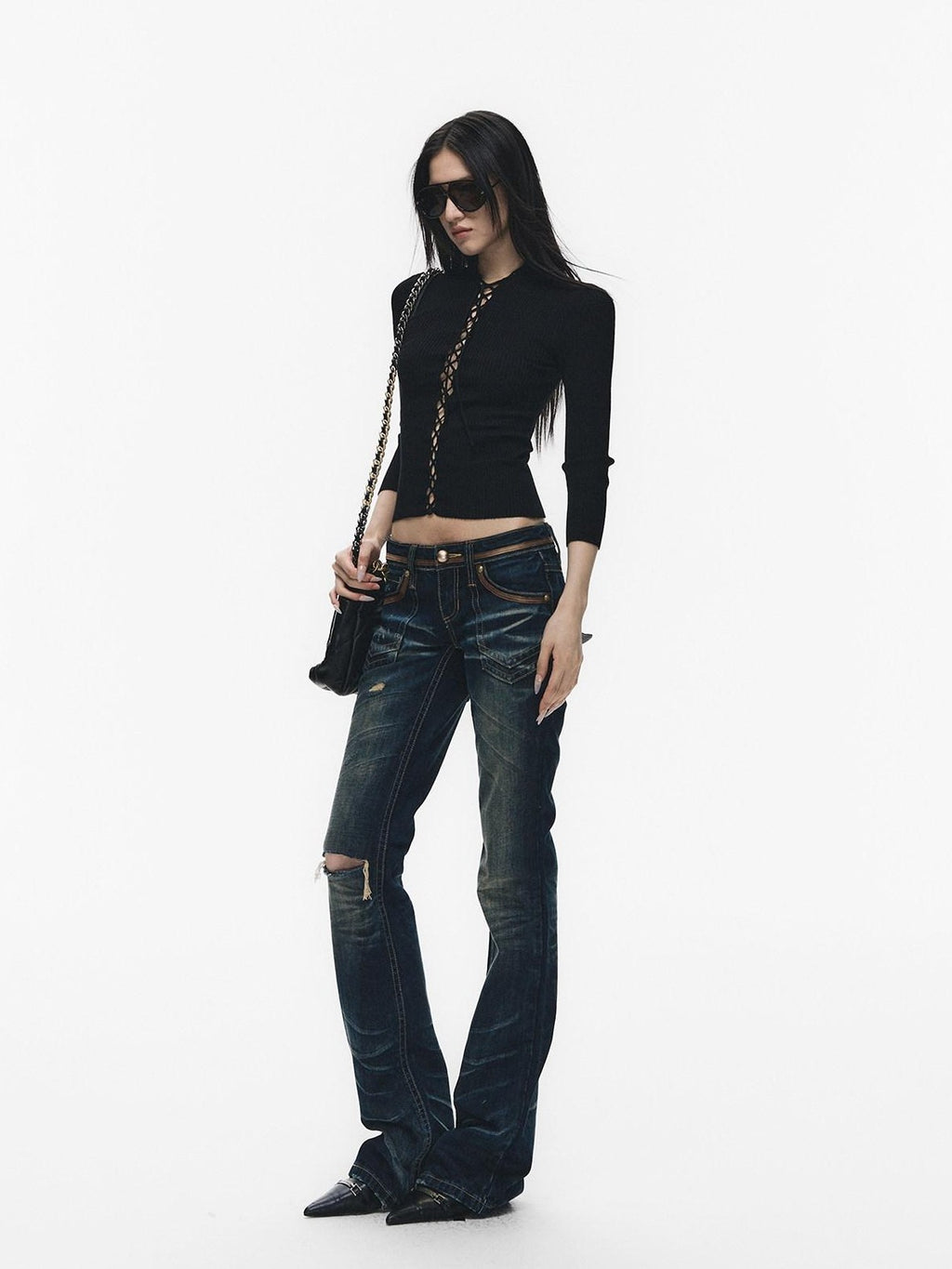Fanptntox Black Cutout Tie Waist Ribbed Slim Women's Viscose Long Sleeve T-shirts
