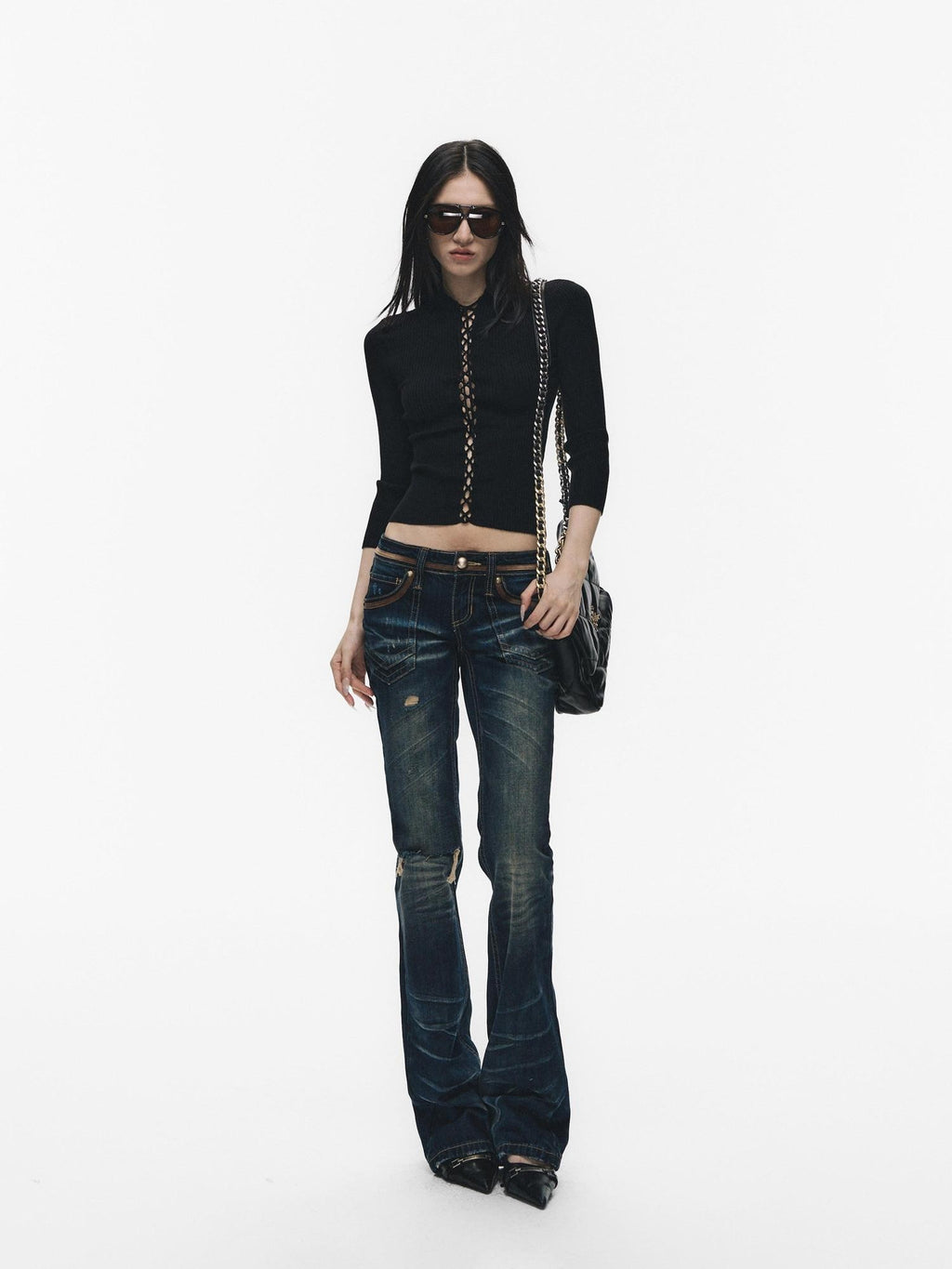 Fanptntox Black Cutout Tie Waist Ribbed Slim Women's Viscose Long Sleeve T-shirts