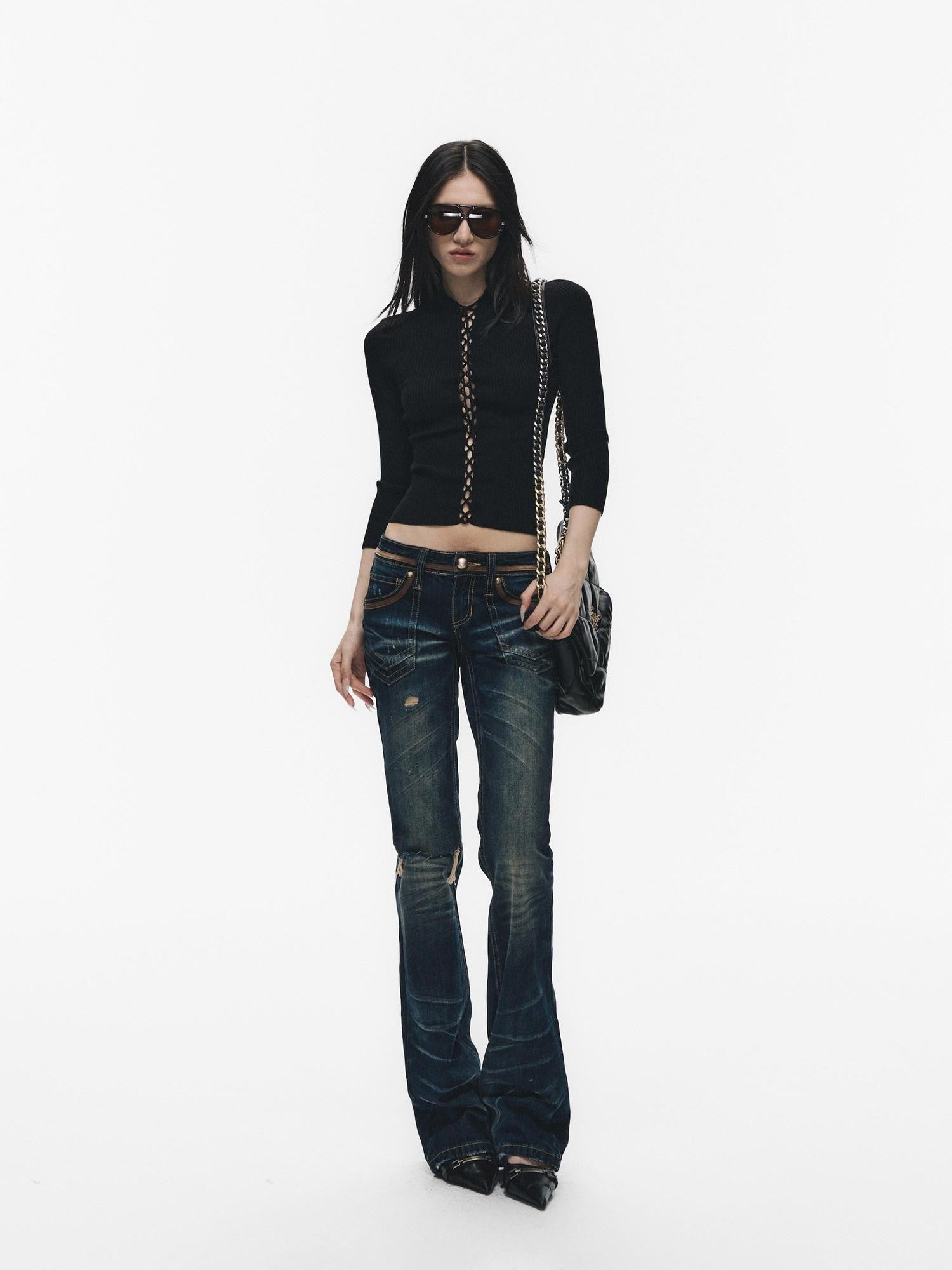 Fanptntox Black Cutout Tie Waist Ribbed Slim Women's Viscose Long Sleeve T-shirts