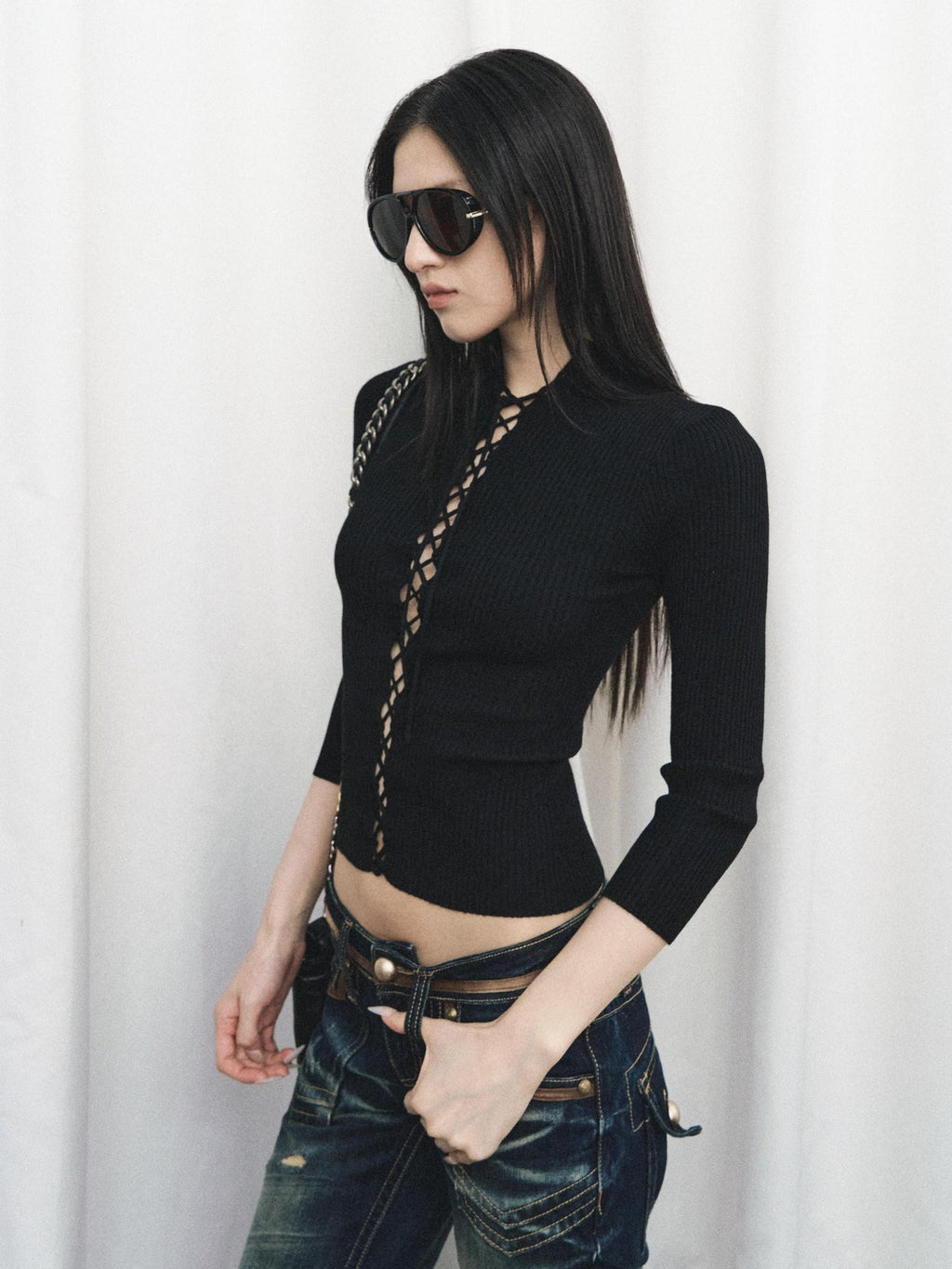 Fanptntox Black Cutout Tie Waist Ribbed Slim Women's Viscose Long Sleeve T-shirts