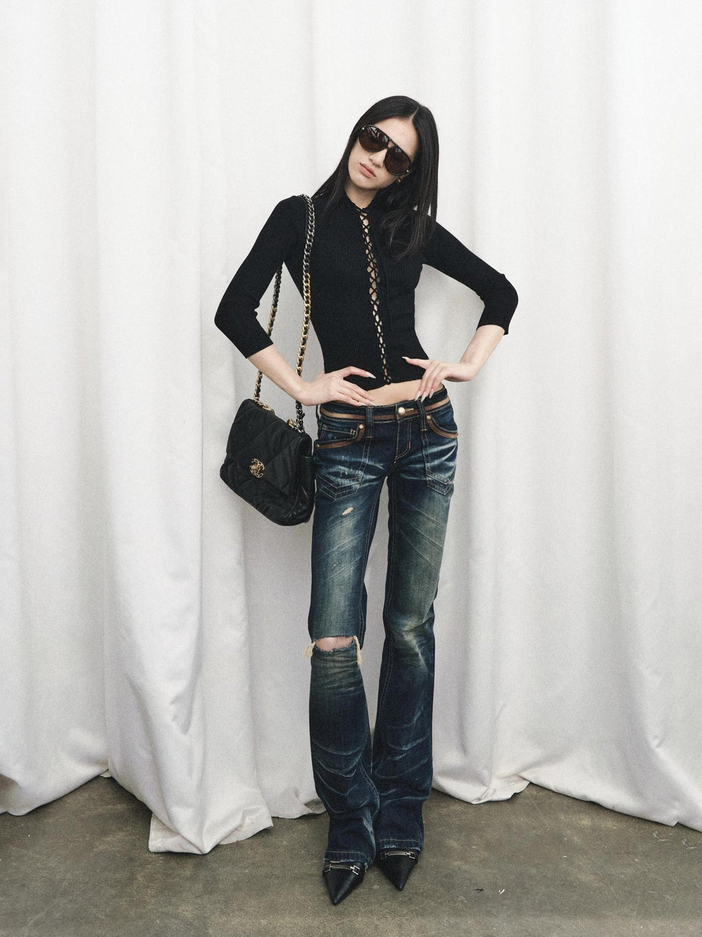 Fanptntox Black Cutout Tie Waist Ribbed Slim Women's Viscose Long Sleeve T-shirts