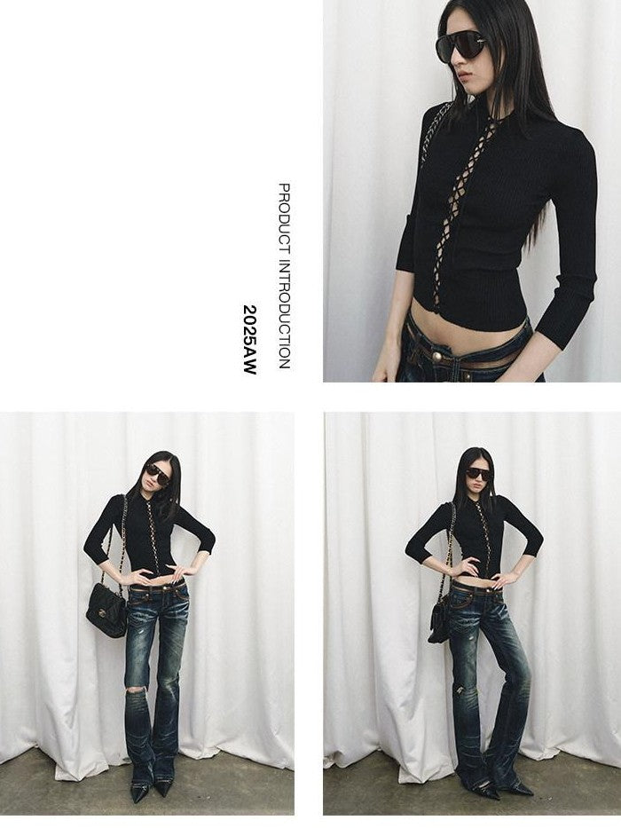Fanptntox Black Cutout Tie Waist Ribbed Slim Women's Viscose Long Sleeve T-shirts
