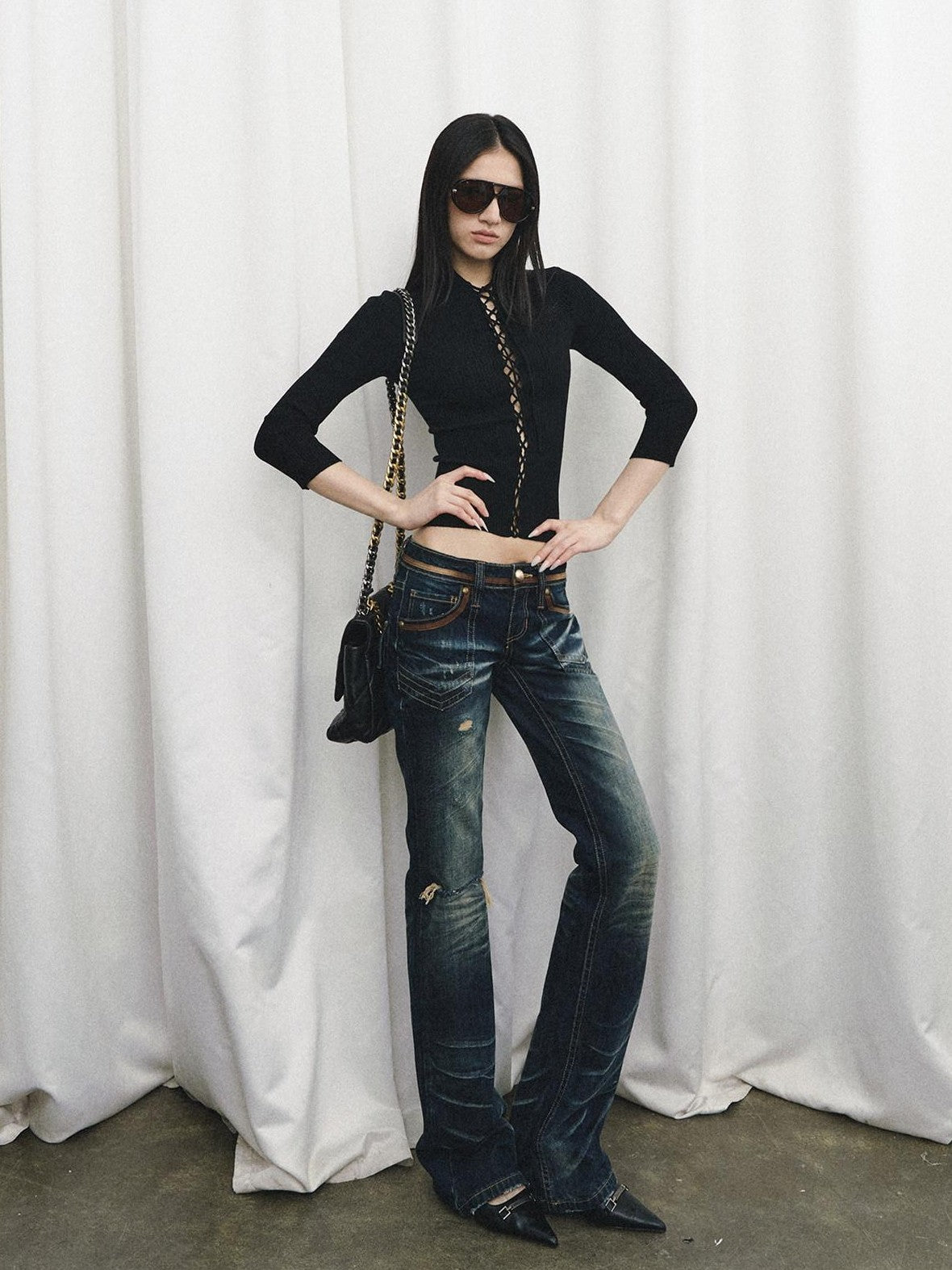 Fanptntox Black Cutout Tie Waist Ribbed Slim Women's Viscose Long Sleeve T-shirts