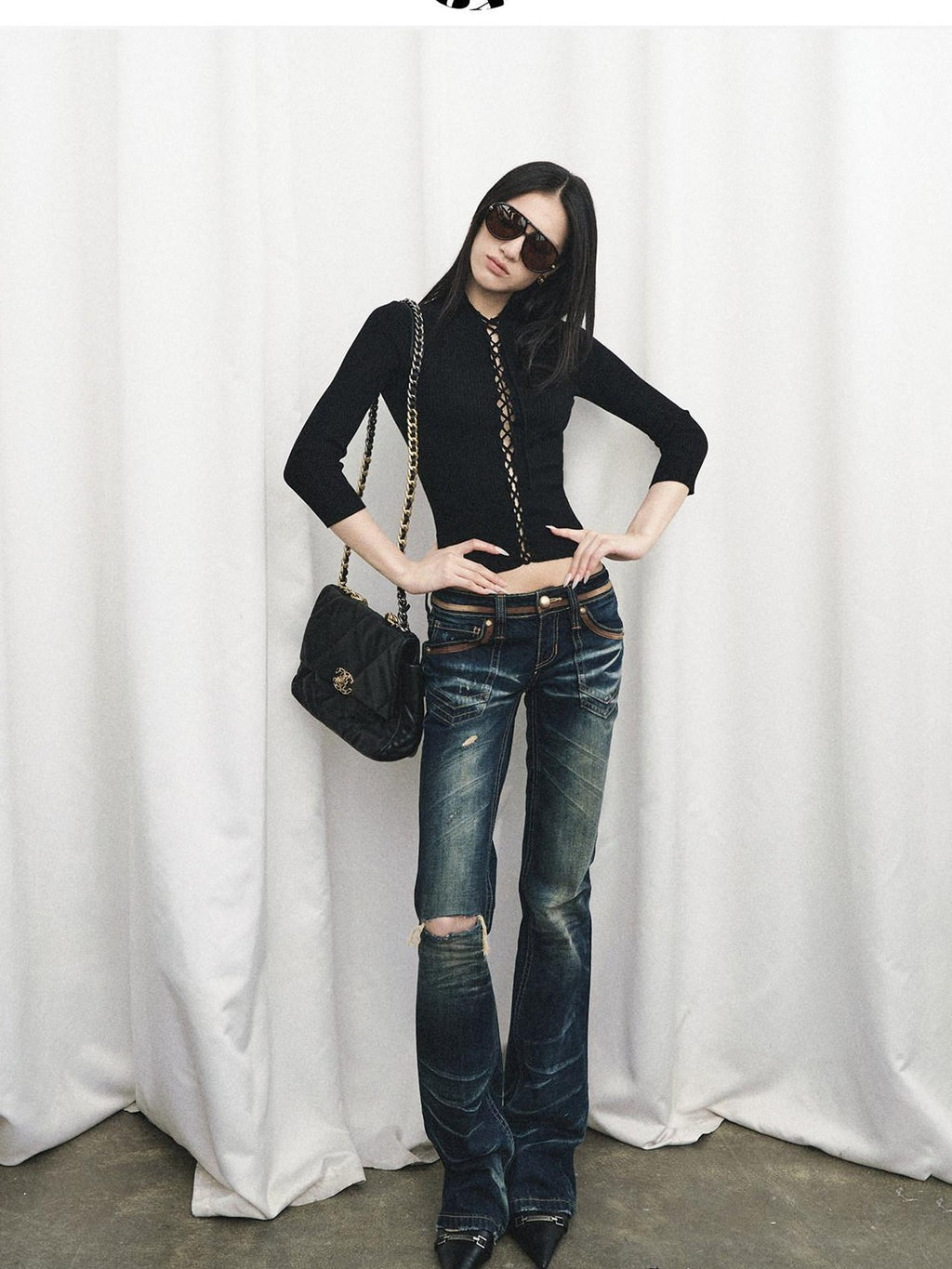 Fanptntox Black Cutout Tie Waist Ribbed Slim Women's Viscose Long Sleeve T-shirts