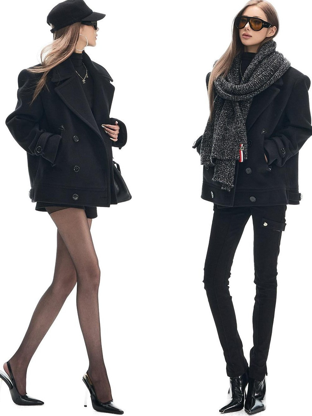 Fanptntox Black Double Breasted Oversized Lapel Women's Wool Blend Casual Jackets