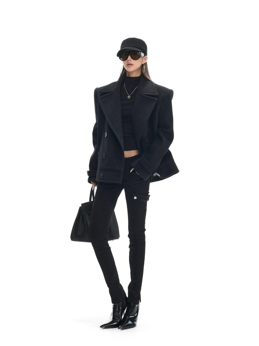 Fanptntox Black Double Breasted Oversized Lapel Women's Wool Blend Casual Jackets