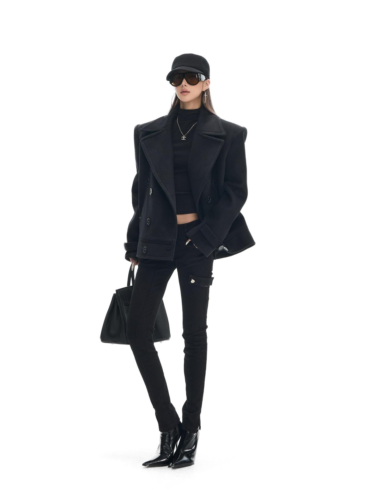 Fanptntox Black Double Breasted Oversized Lapel Women's Wool Blend Casual Jackets