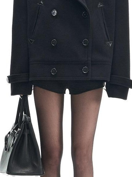 Fanptntox Black Double Breasted Oversized Lapel Women's Wool Blend Casual Jackets