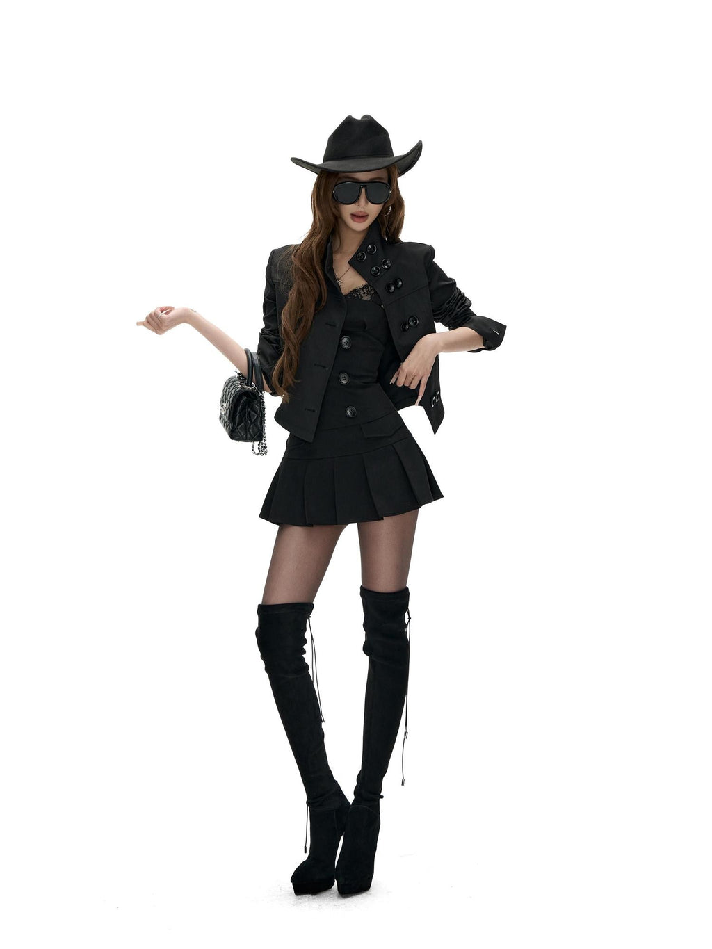 Fanptntox Black Double Breasted Stand Collar Slim Fit Women's Polyester Cropped Jackets