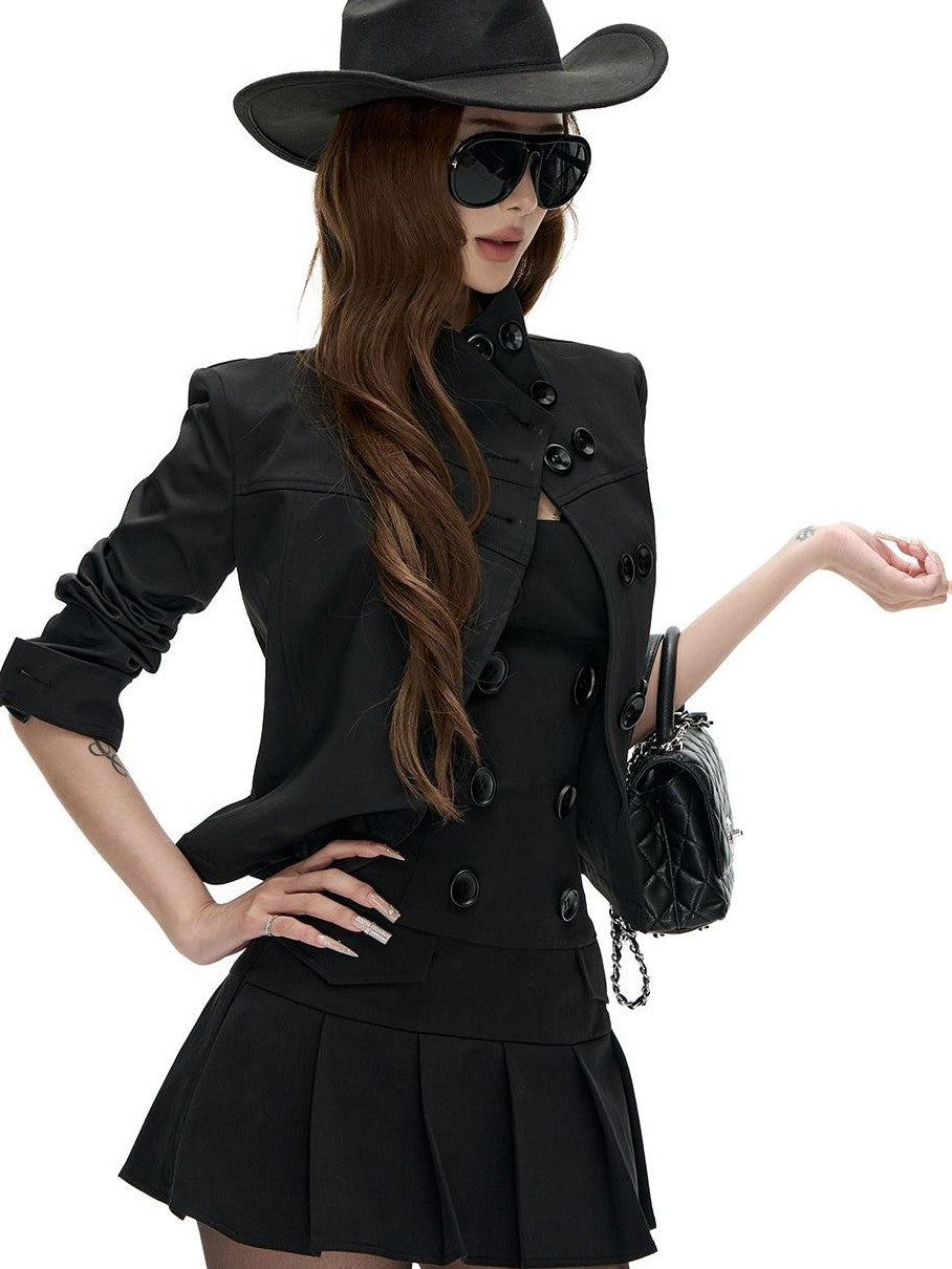 Fanptntox Black Double Breasted Stand Collar Slim Fit Women's Polyester Cropped Jackets