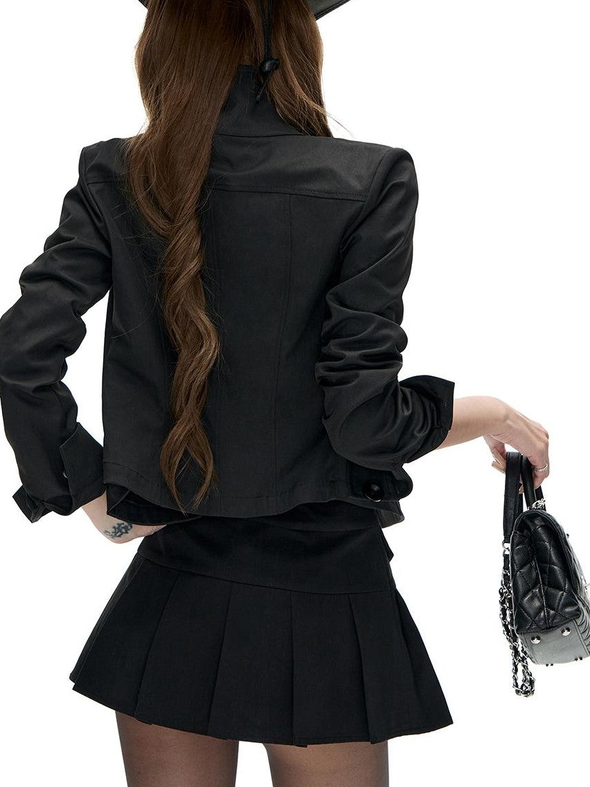 Fanptntox Black Double Breasted Stand Collar Slim Fit Women's Polyester Cropped Jackets