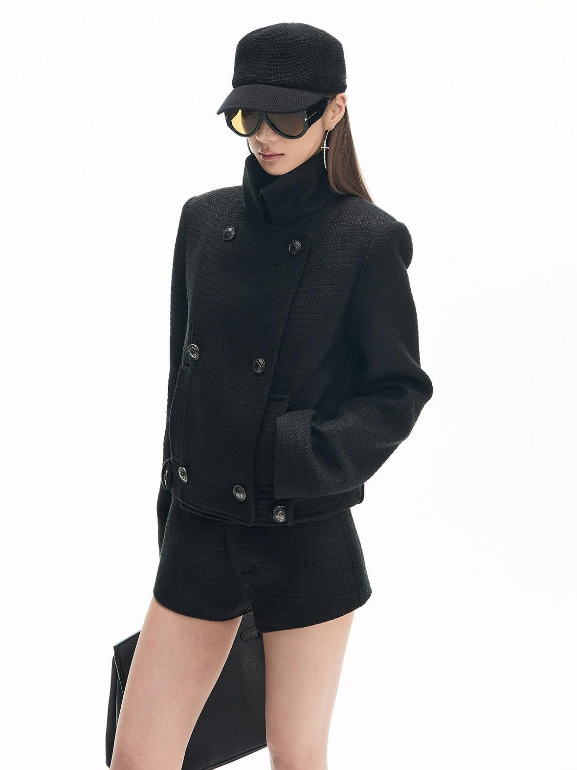 Fanptntox Black Double Breasted Stand Collar Women's Tweed Casual Top & Shorts Sets