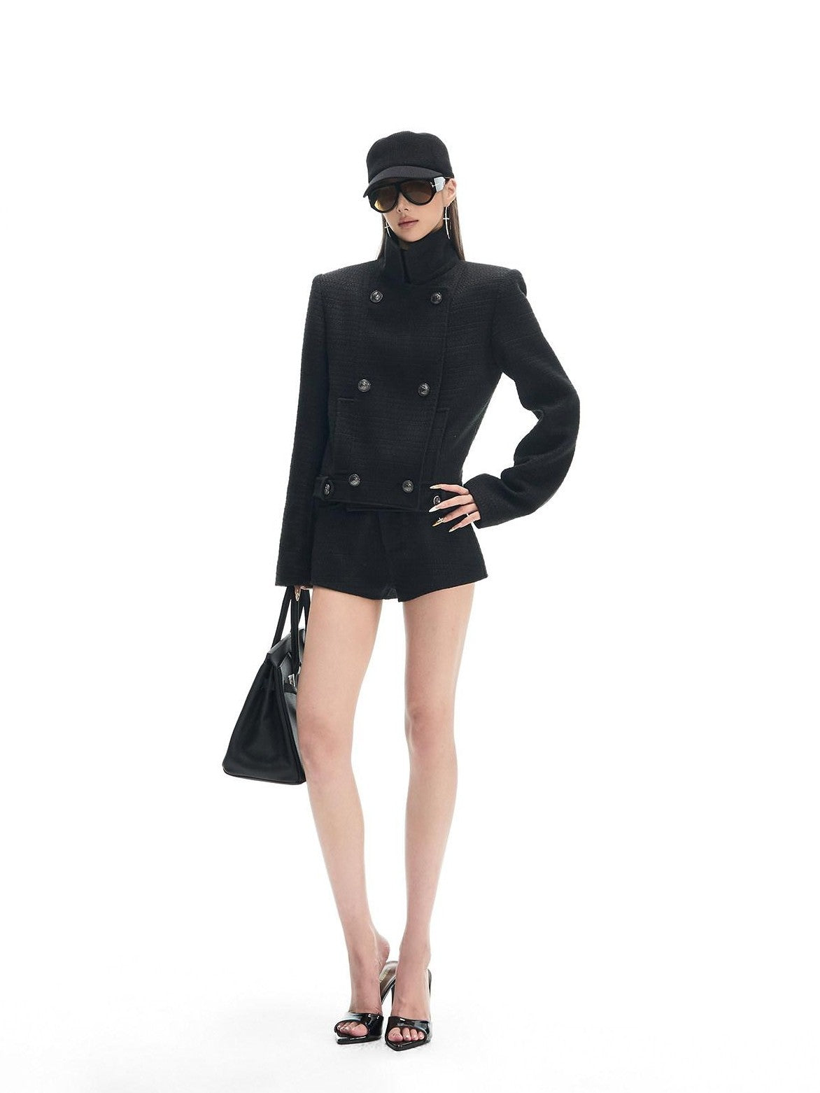 Fanptntox Black Double Breasted Stand Collar Women's Tweed Casual Top & Shorts Sets