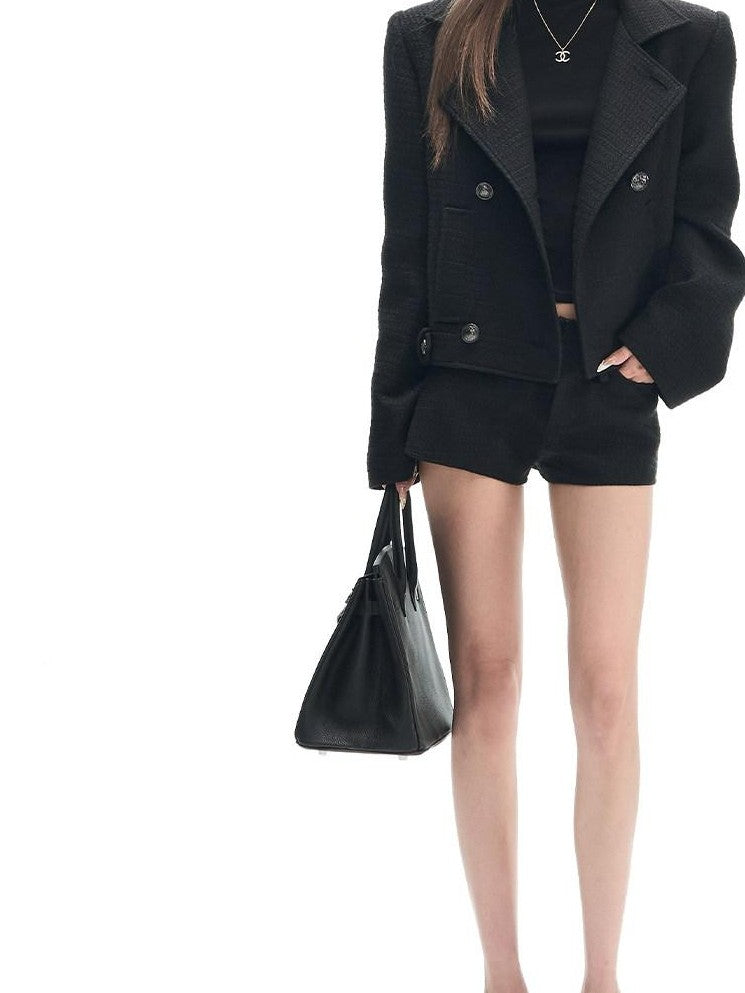 Fanptntox Black Double Breasted Stand Collar Women's Tweed Casual Top & Shorts Sets