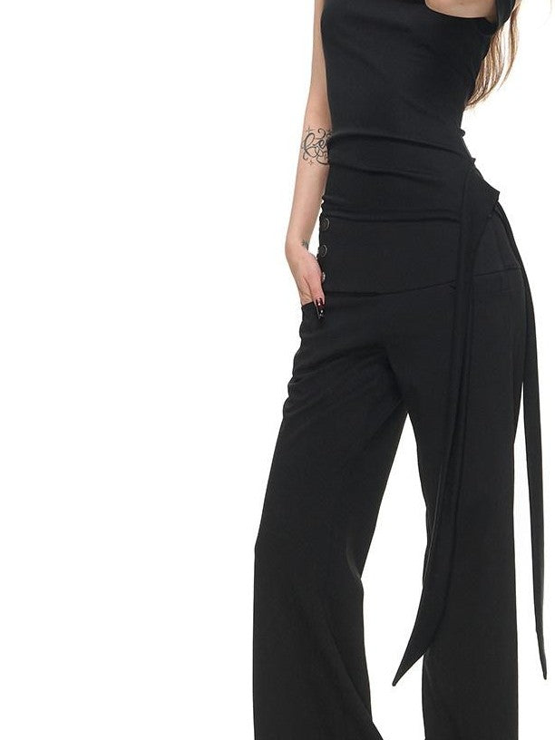 Fanptntox Black Draped Ribbon One Shoulder Stretch Women's Lyocell Knit Camisoles