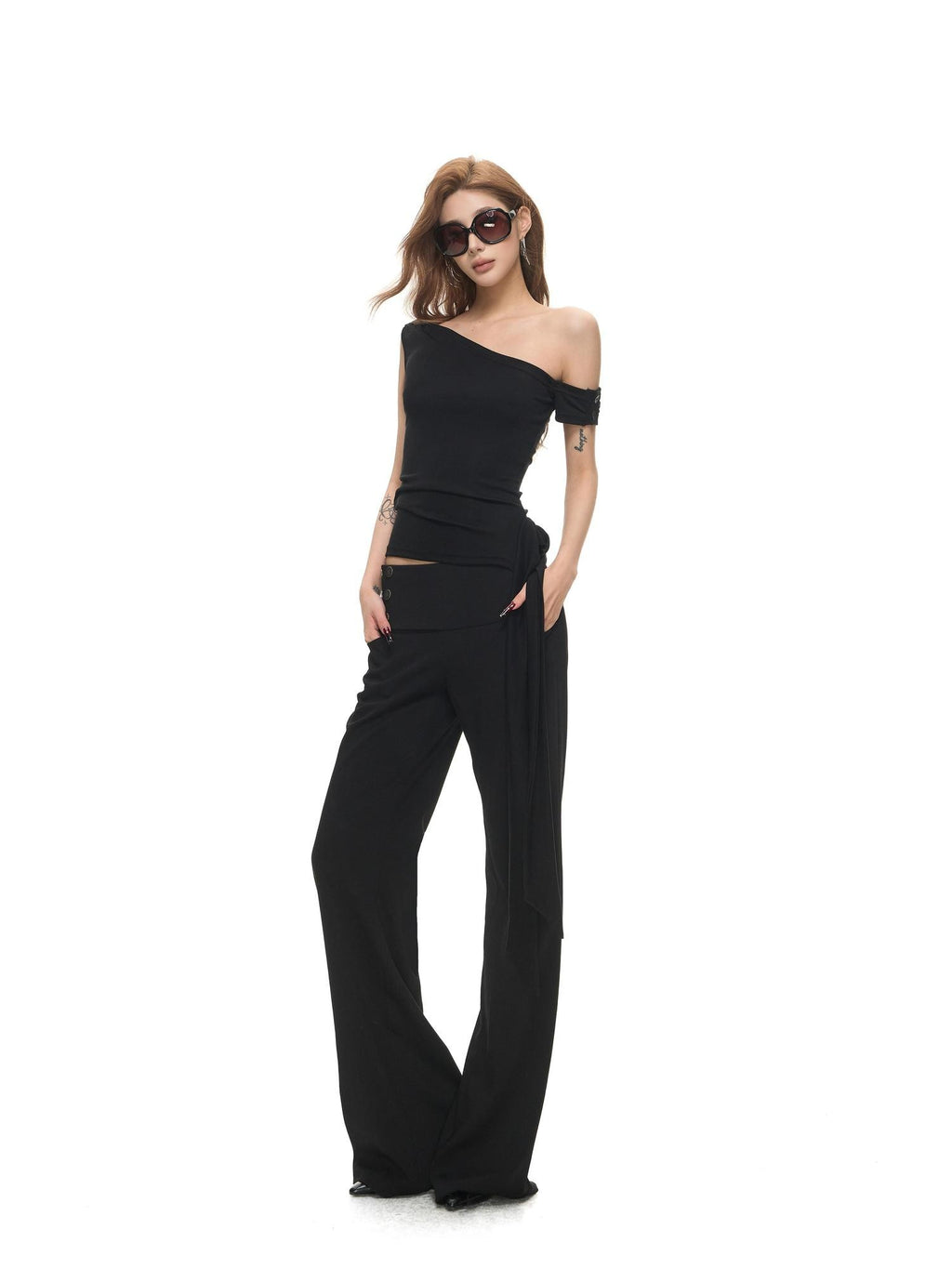 Fanptntox Black Draped Ribbon One Shoulder Stretch Women's Lyocell Knit Camisoles