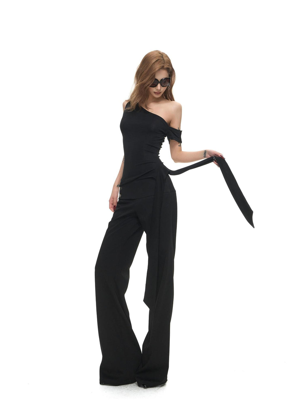Fanptntox Black Draped Ribbon One Shoulder Stretch Women's Lyocell Knit Camisoles