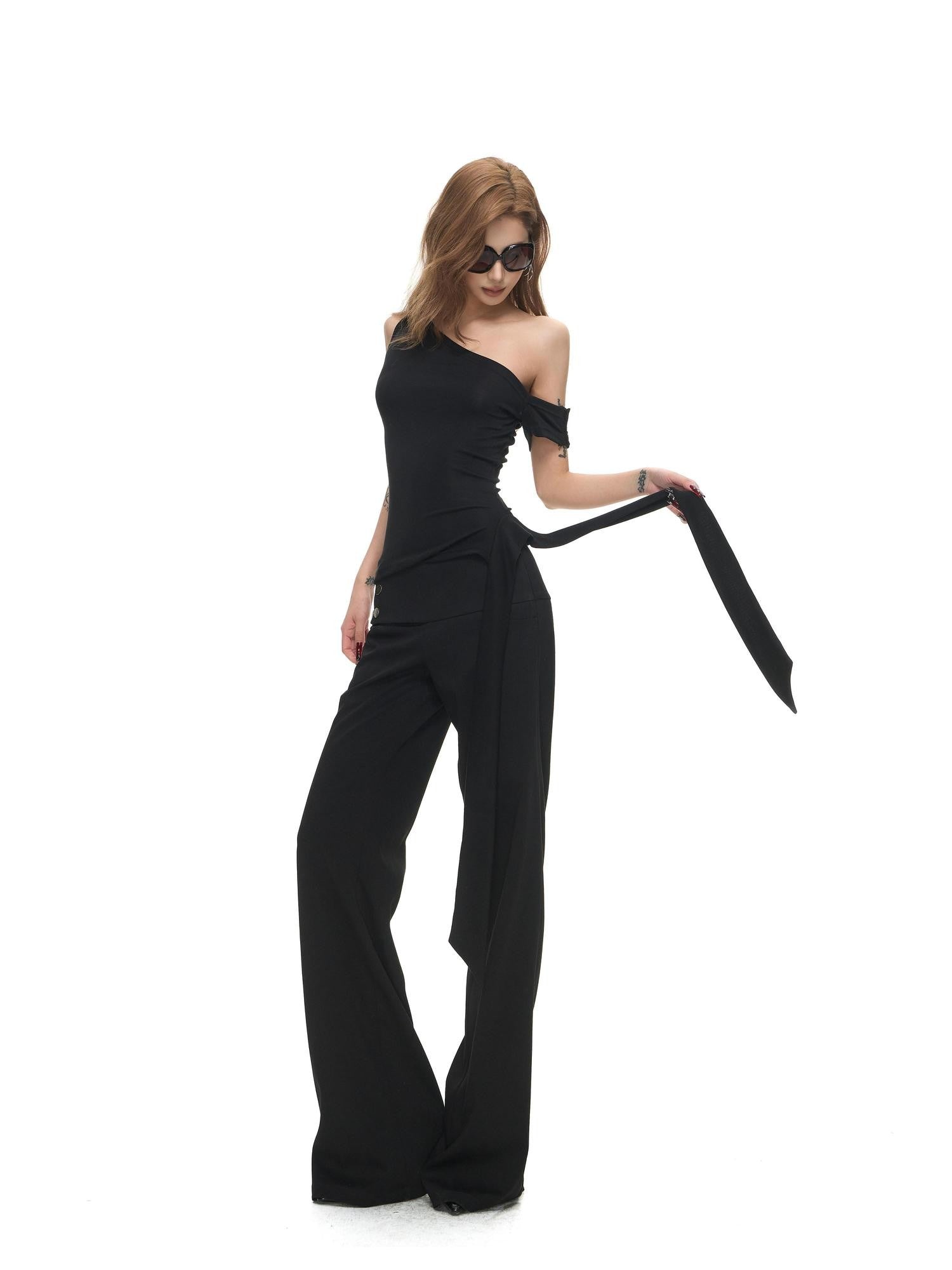 Fanptntox Black Draped Ribbon One Shoulder Stretch Women's Lyocell Knit Camisoles
