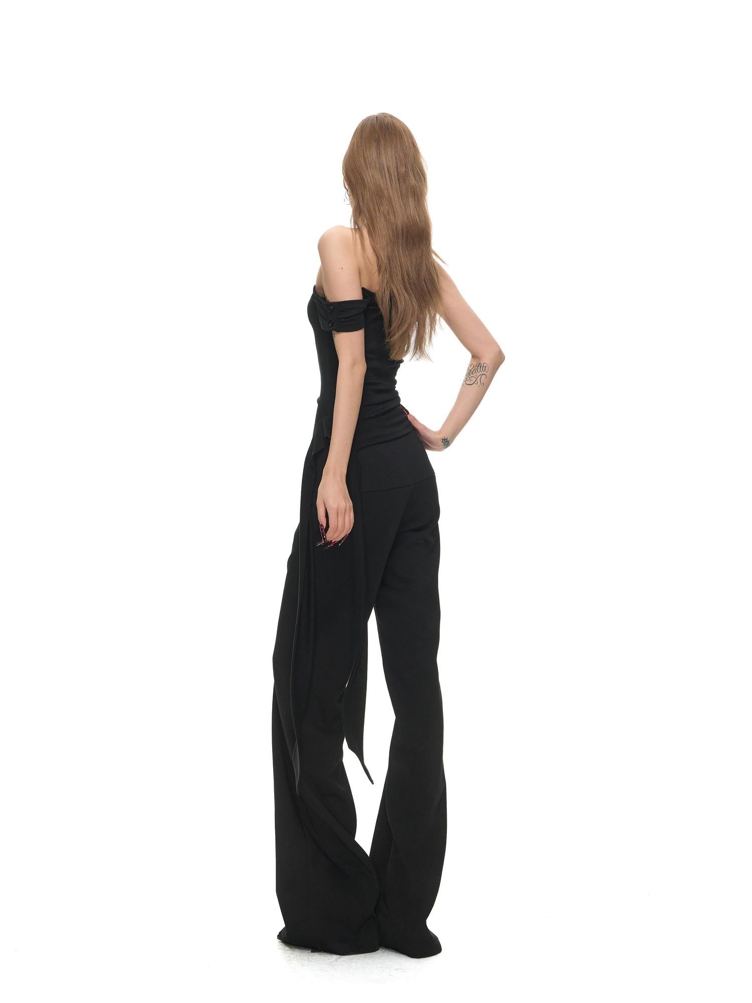 Fanptntox Black Draped Ribbon One Shoulder Stretch Women's Lyocell Knit Camisoles