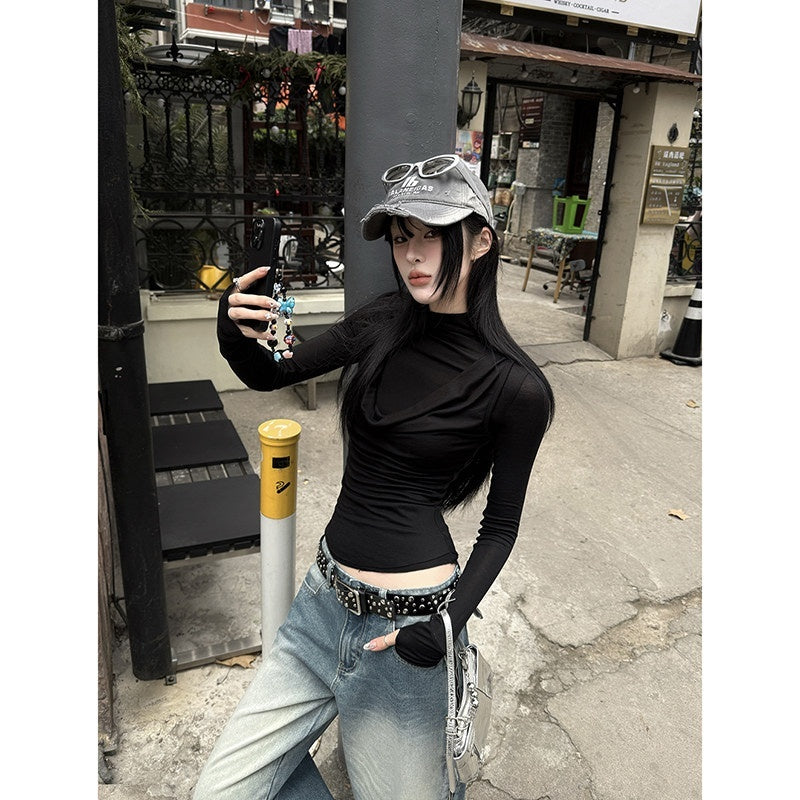 Fanptntox_Black_Draped_Slim_Stretch_Faux_Layered_Women's_Cotton_Wool_Long_Sleeve_T-shirts_874531522074_MISSTT