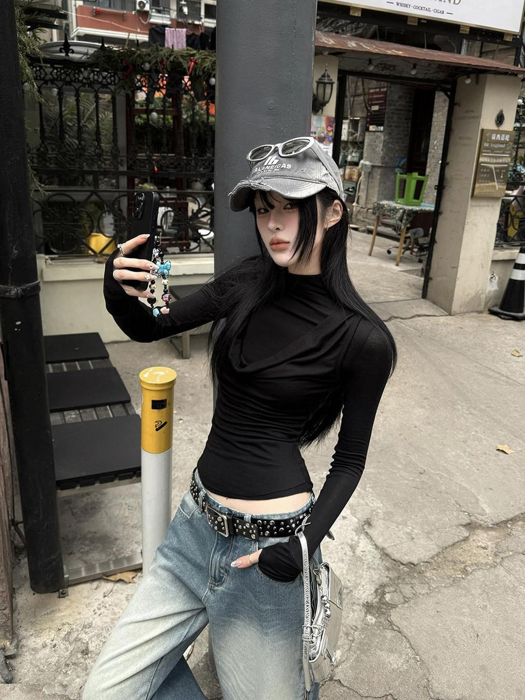 Fanptntox Black Draped Slim Stretch Faux Layered Women's Cotton Wool Long Sleeve T-shirts