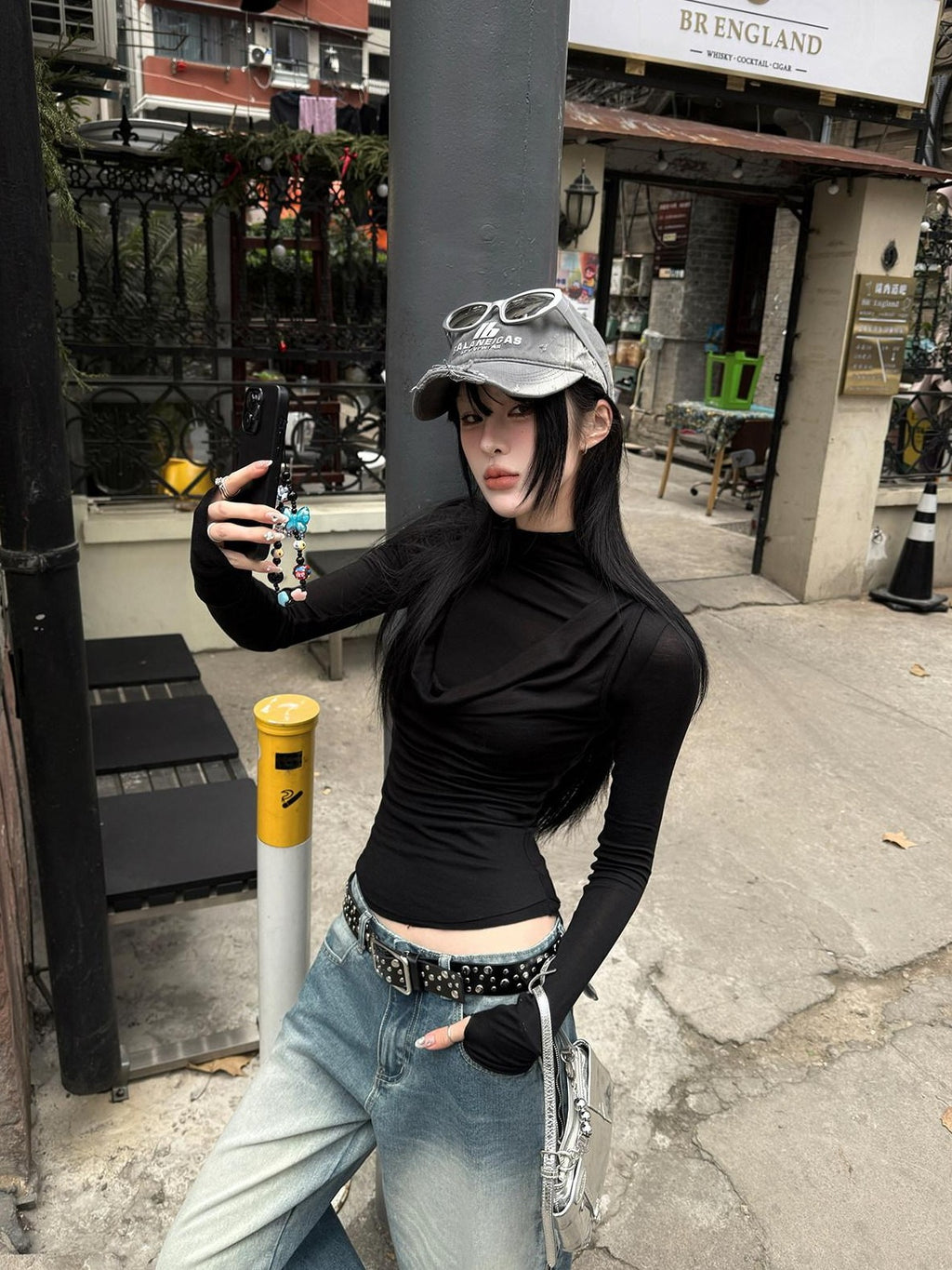 Fanptntox Black Draped Slim Stretch Faux Layered Women's Cotton Wool Long Sleeve T-shirts
