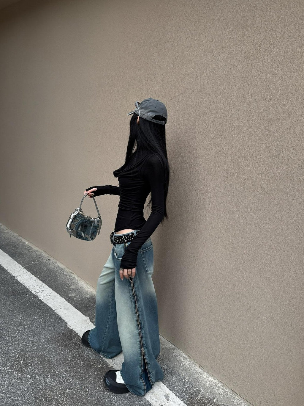 Fanptntox Black Draped Slim Stretch Faux Layered Women's Cotton Wool Long Sleeve T-shirts