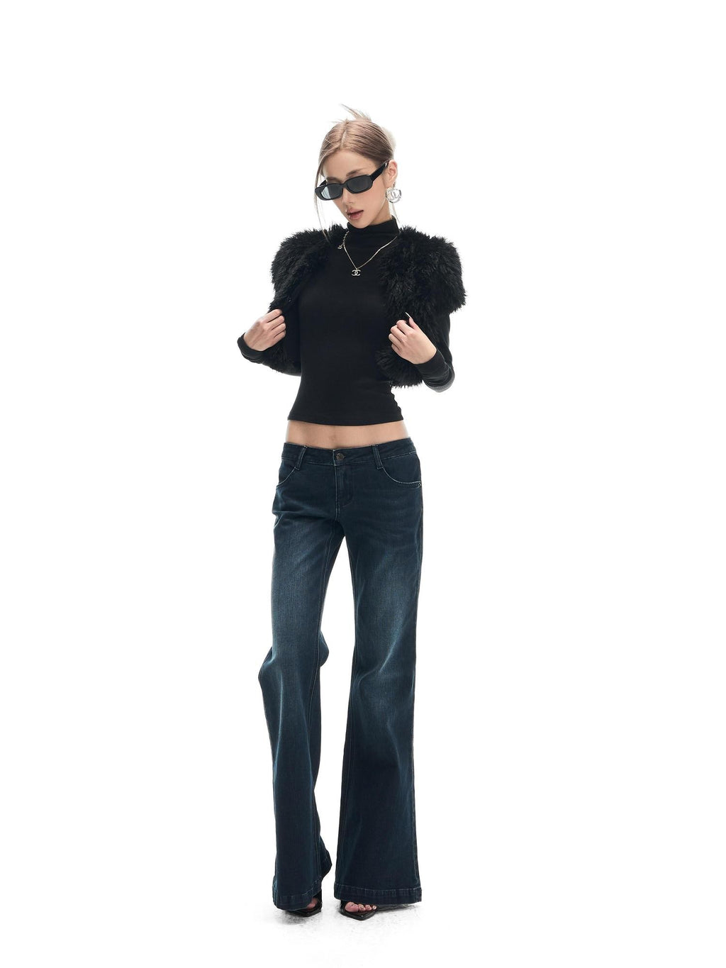Fanptntox Black Fuzzy Slim Fit Sleeveless Zippered High Waist Women's Polyester Cardigans