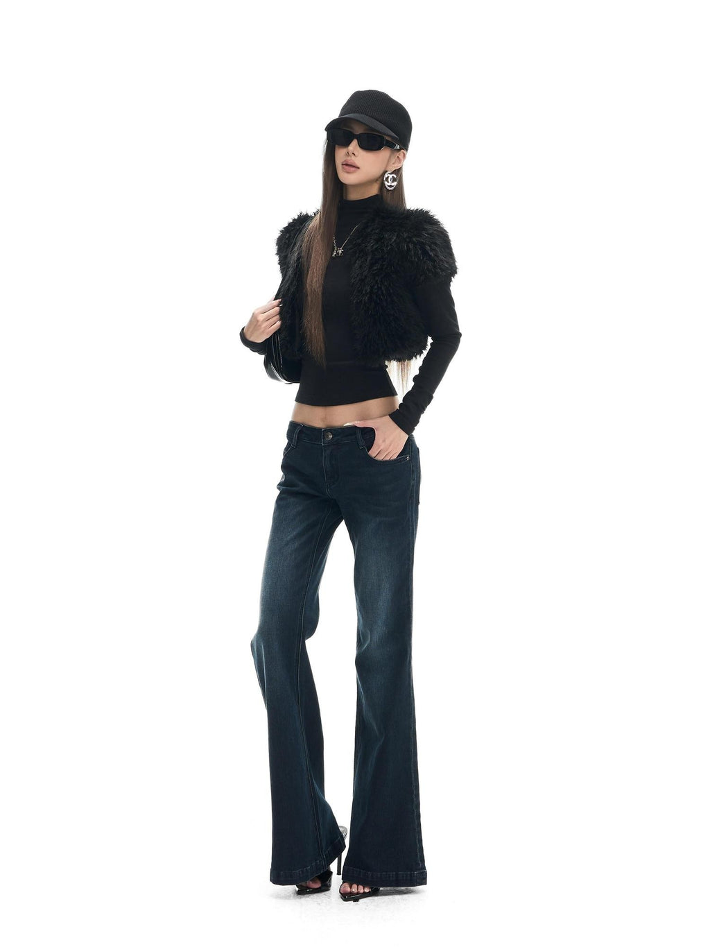 Fanptntox Black Fuzzy Slim Fit Sleeveless Zippered High Waist Women's Polyester Cardigans