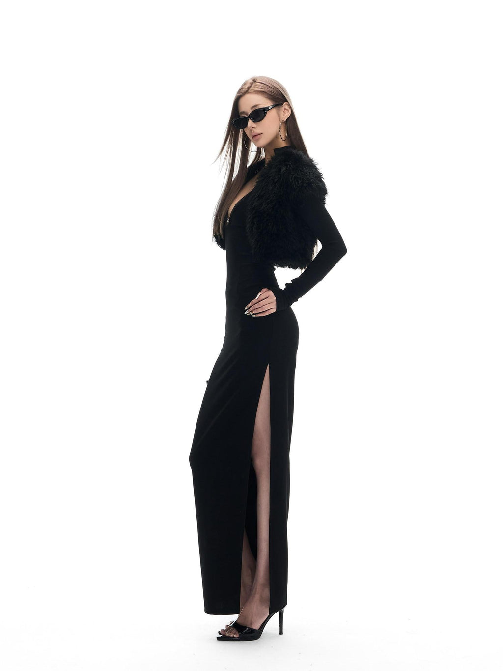 Fanptntox Black Fuzzy Slim Fit Sleeveless Zippered High Waist Women's Polyester Cardigans