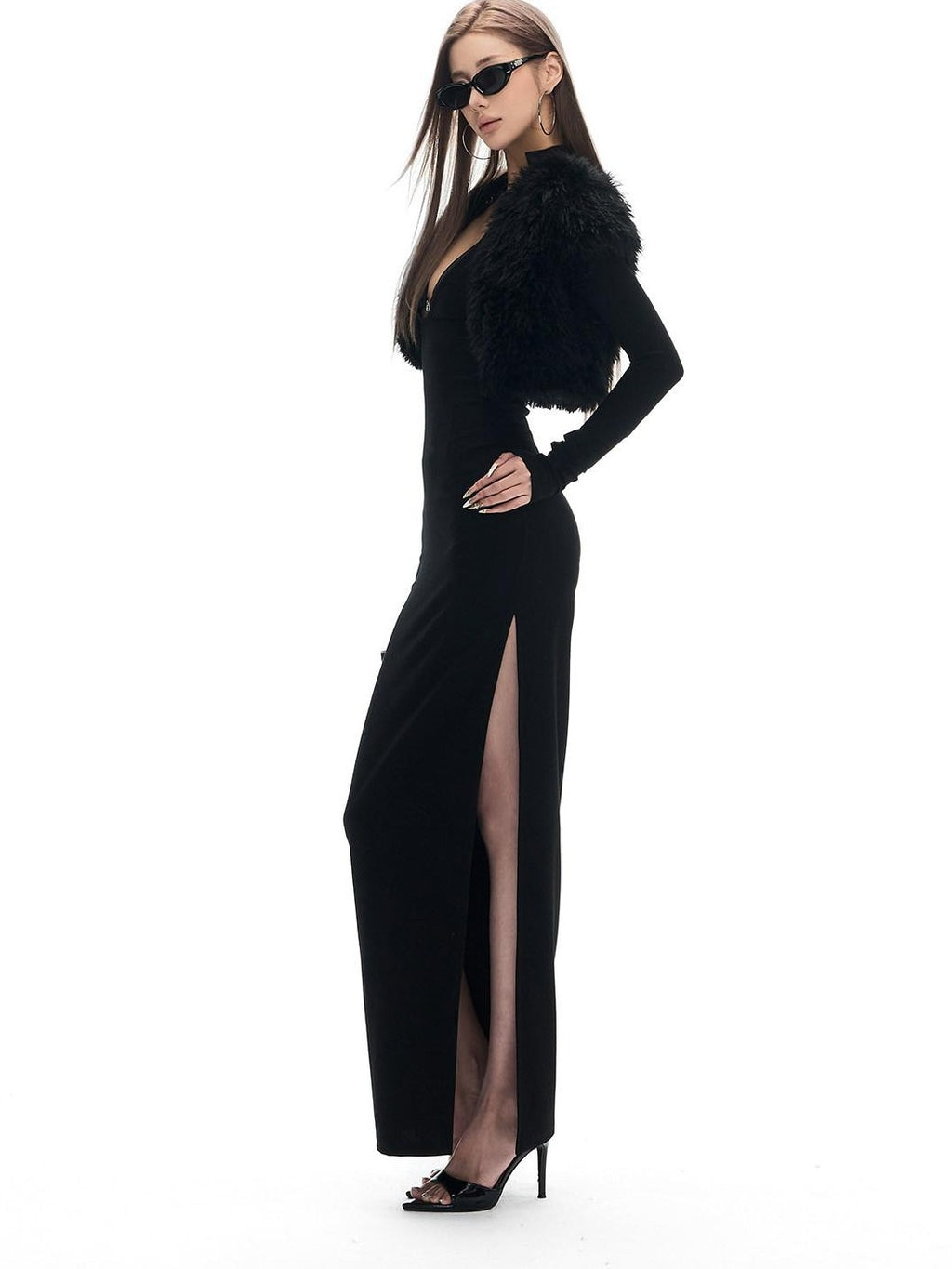Fanptntox Black Fuzzy Slim Fit Sleeveless Zippered High Waist Women's Polyester Cardigans
