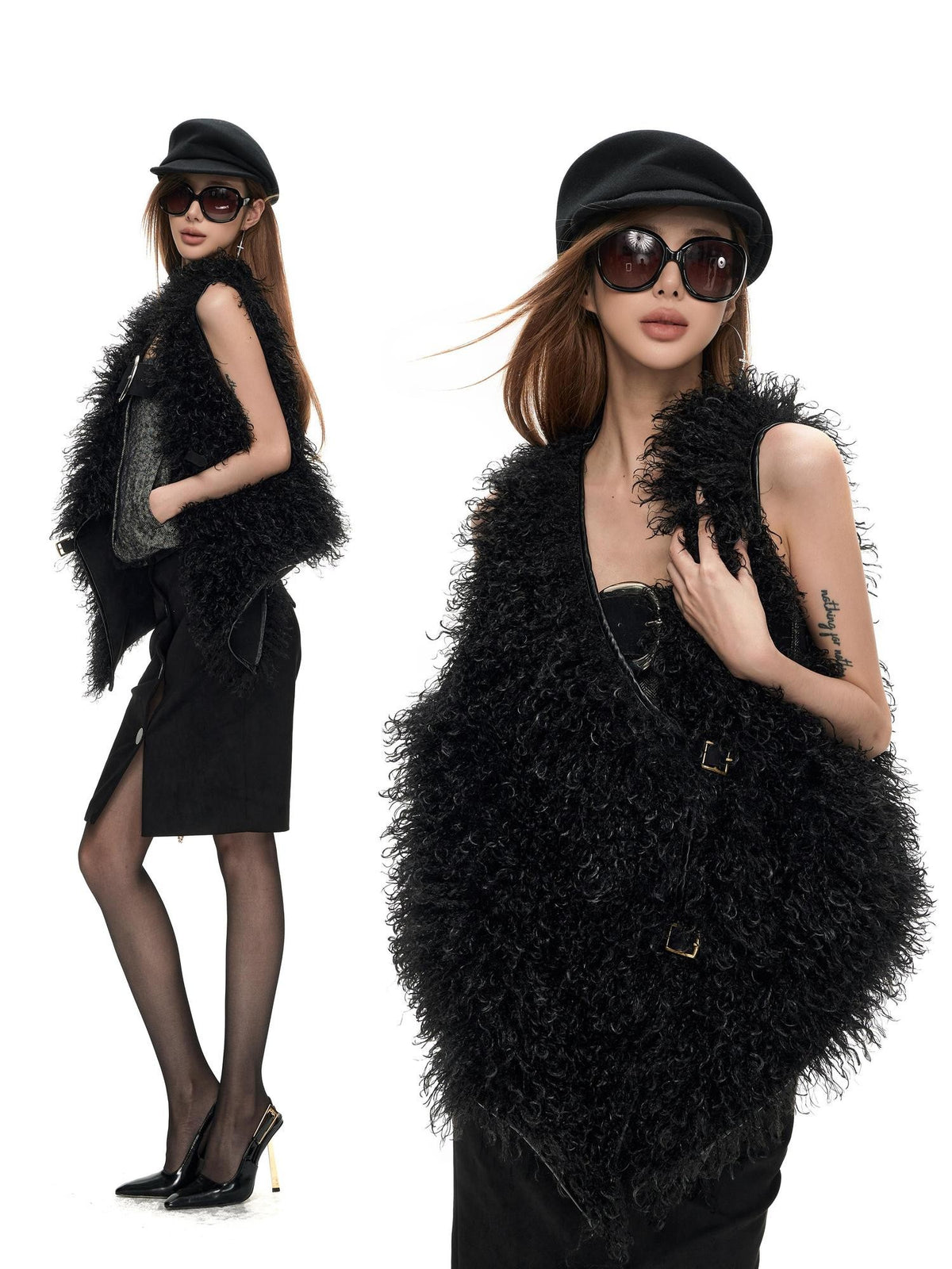 Fanptntox Black Fuzzy V-neck Loose Fit Women's Polyester Vests