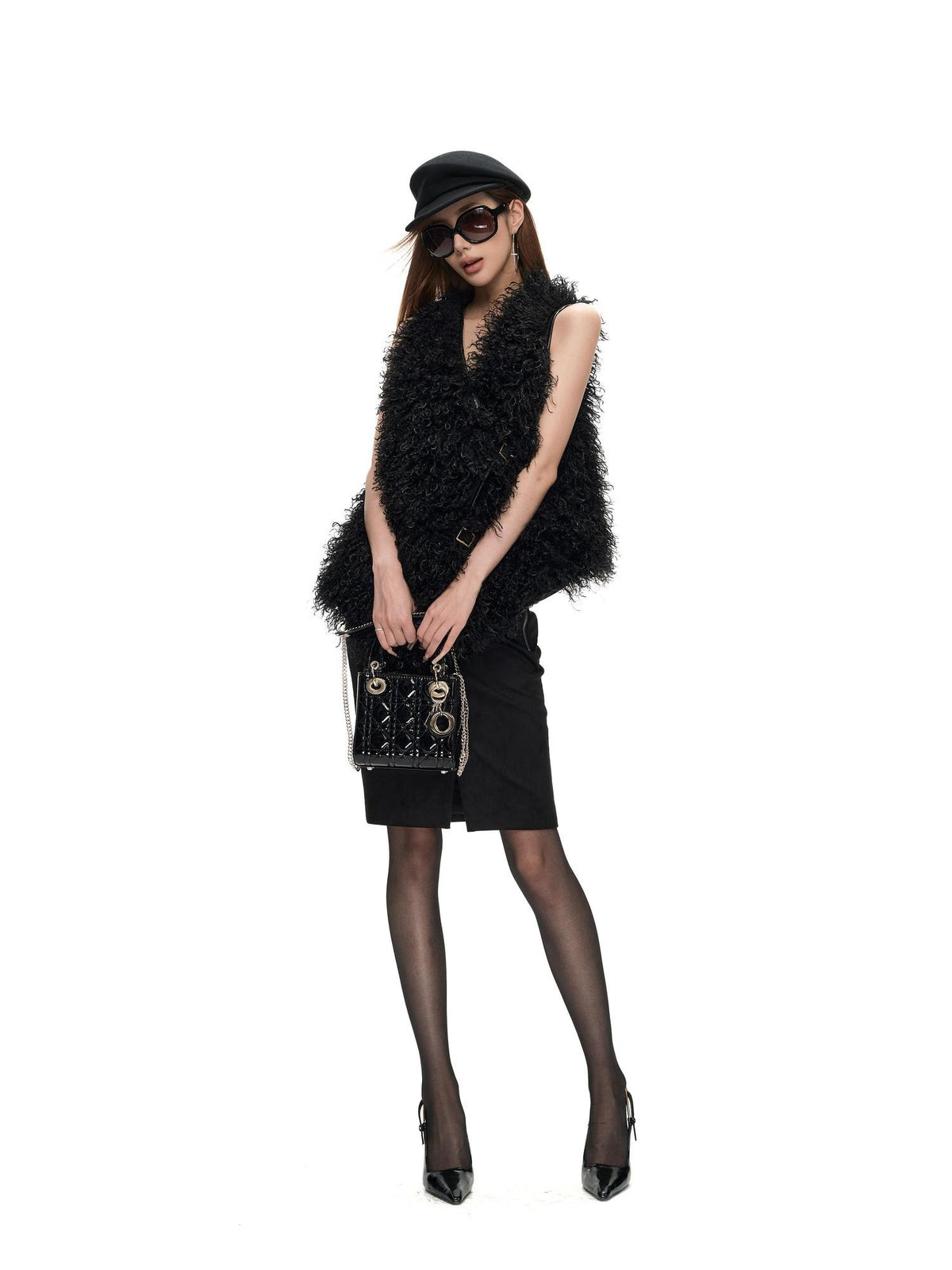Fanptntox Black Fuzzy V-neck Loose Fit Women's Polyester Vests