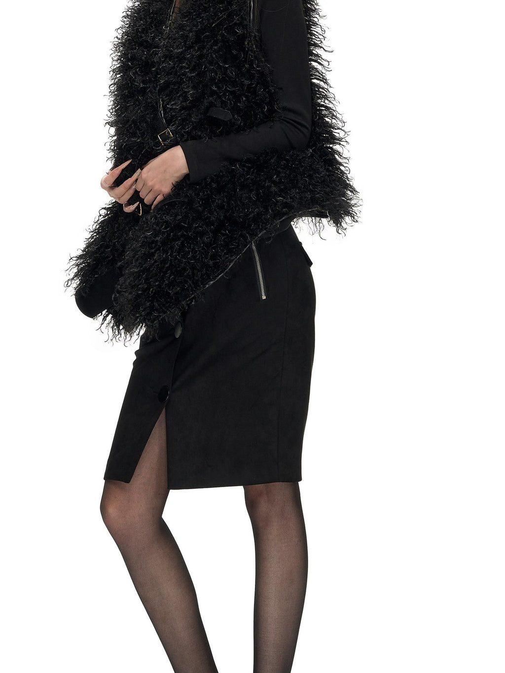 Fanptntox Black Fuzzy V-neck Loose Fit Women's Polyester Vests