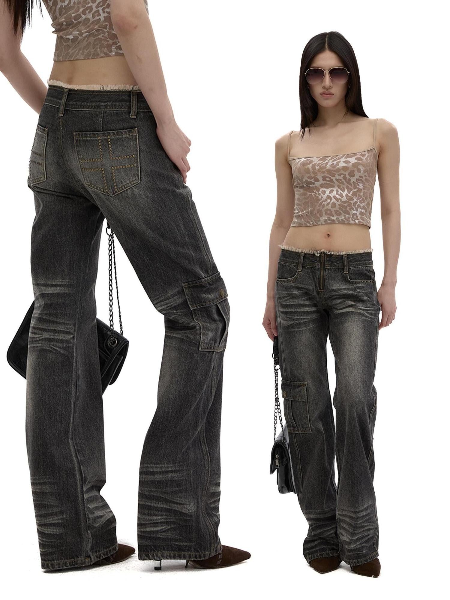 Fanptntox Black Gray Frayed Hem Washed Low Rise Cargo Loose Women's Straight-leg Jeans