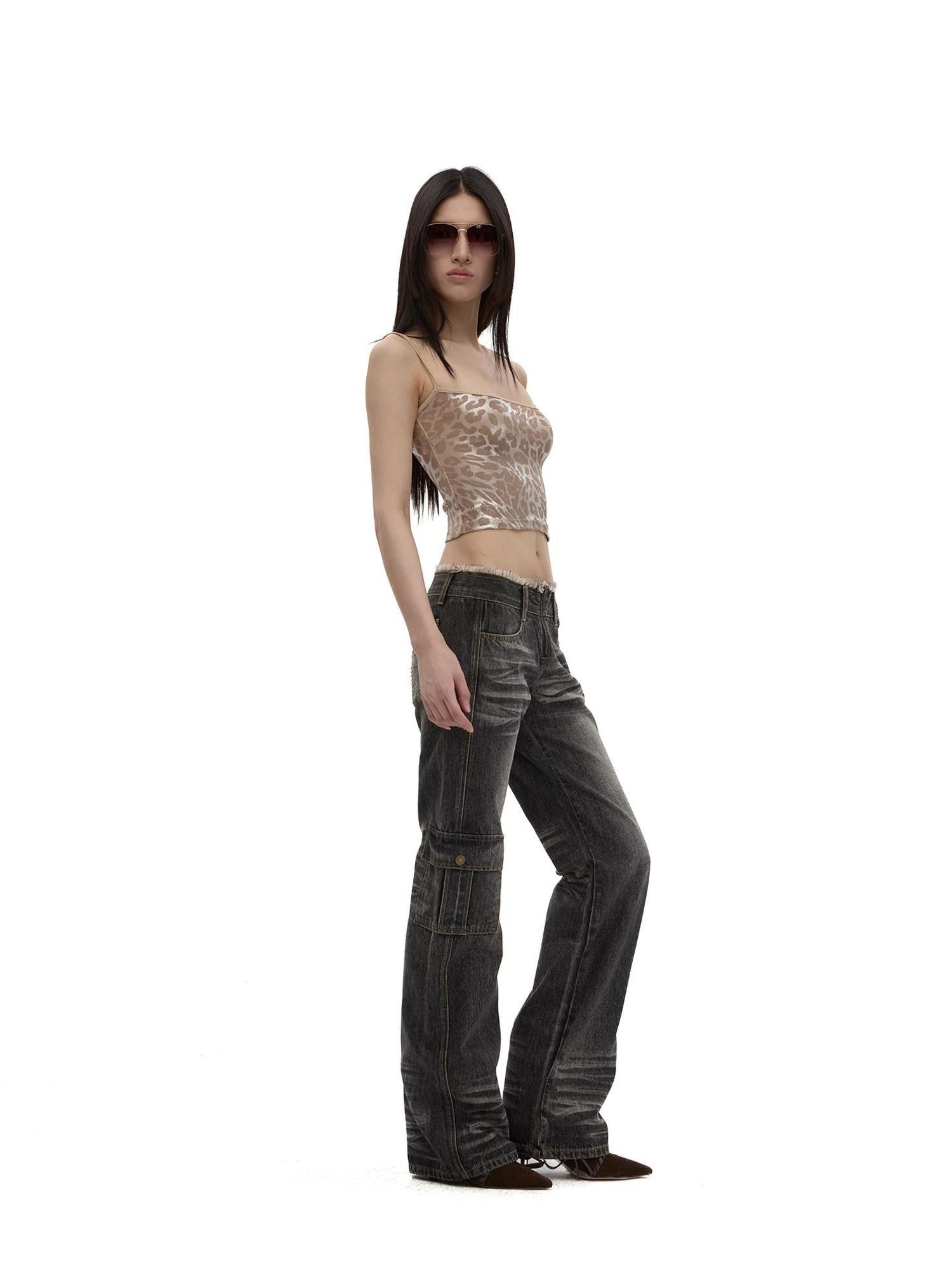 Fanptntox Black Gray Frayed Hem Washed Low Rise Cargo Loose Women's Straight-leg Jeans