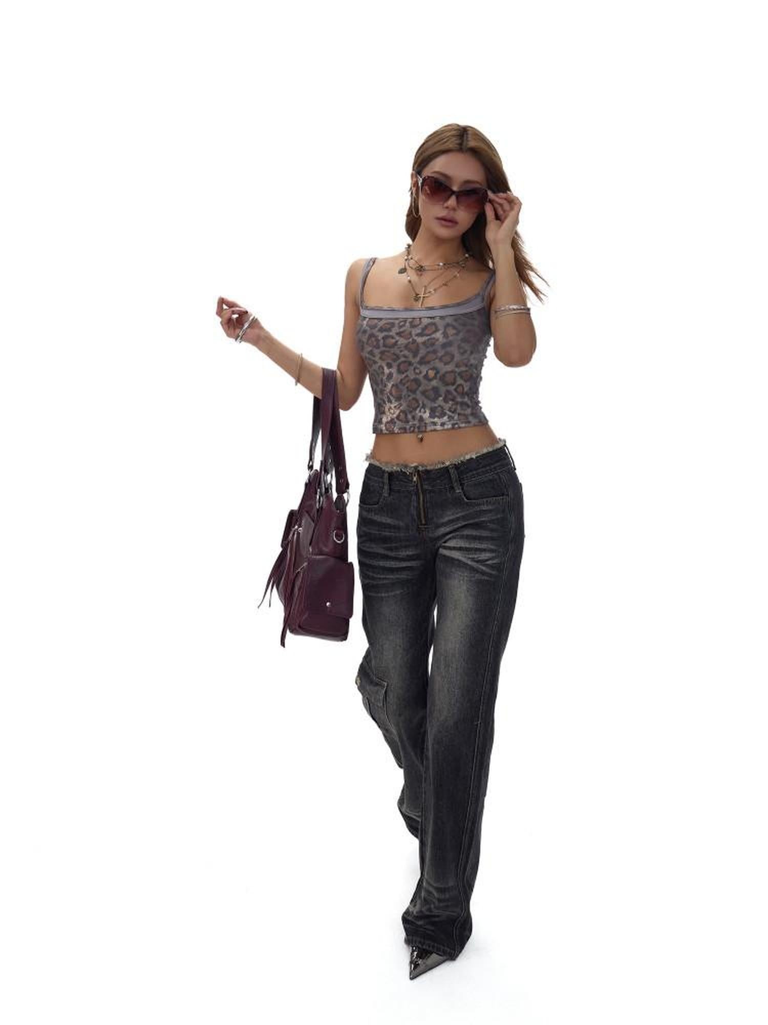 Fanptntox Black Gray Frayed Hem Washed Low Rise Cargo Loose Women's Straight-leg Jeans