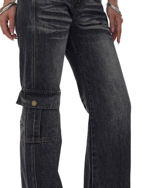 Fanptntox Black Gray Frayed Hem Washed Low Rise Cargo Loose Women's Straight-leg Jeans