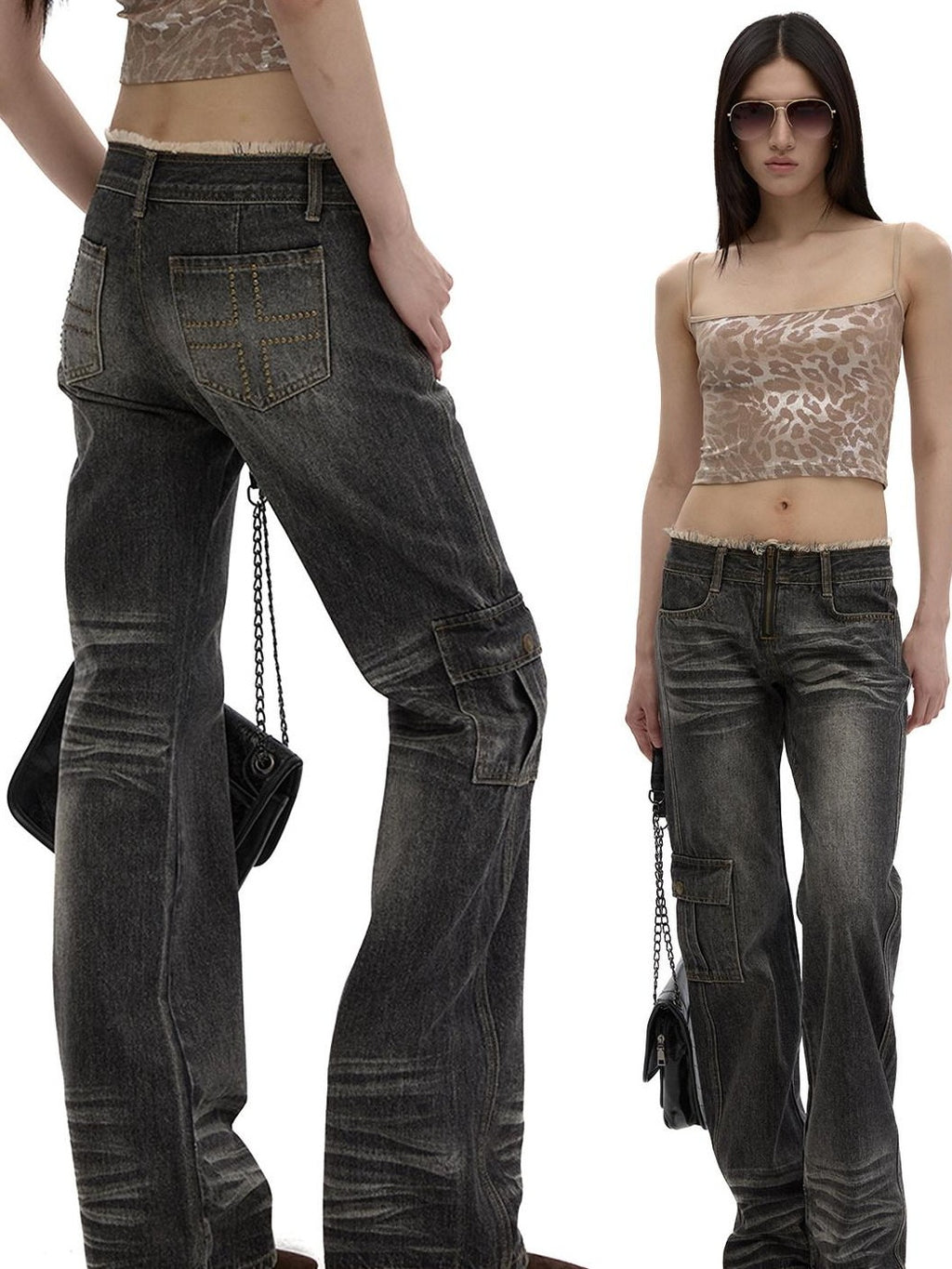 Fanptntox Black Gray Frayed Hem Washed Low Rise Cargo Loose Women's Straight-leg Jeans