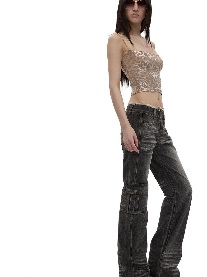 Fanptntox Black Gray Frayed Hem Washed Low Rise Cargo Loose Women's Straight-leg Jeans