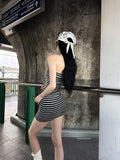 Fanptntox Black Grey Striped Strapless High Waist Women's Bodycon Mini Dresses