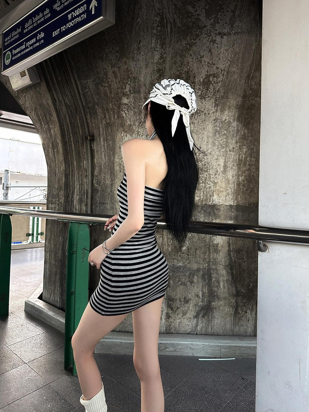 Fanptntox Black Grey Striped Strapless High Waist Women's Bodycon Mini Dresses