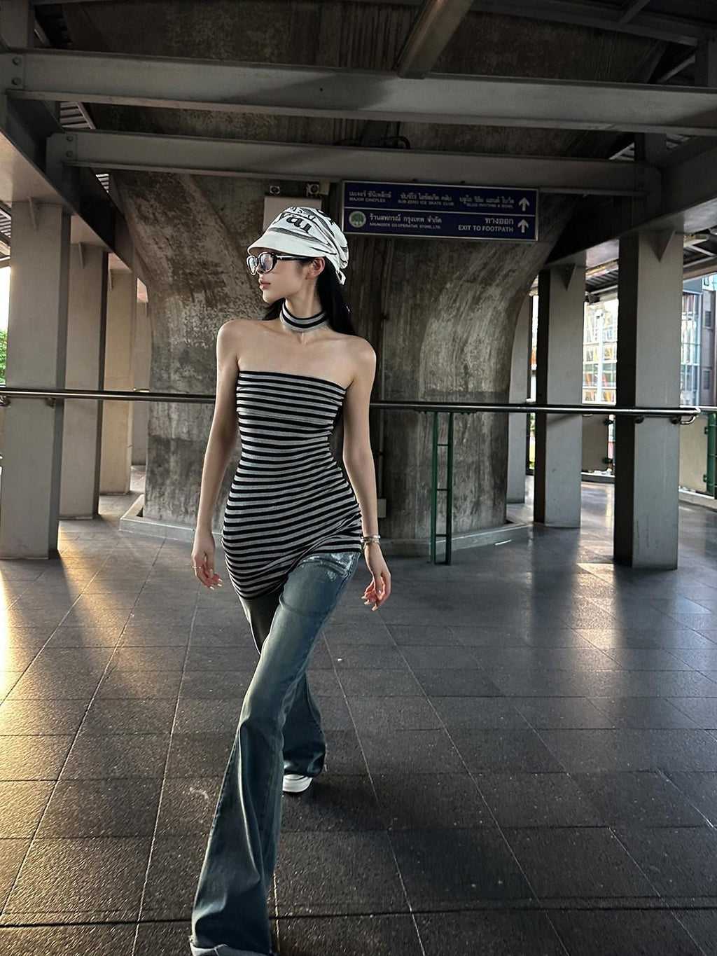 Fanptntox Black Grey Striped Strapless High Waist Women's Bodycon Mini Dresses